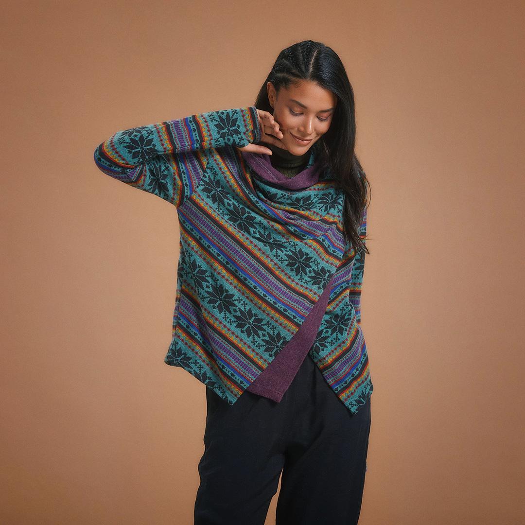 

Boho Style Thumbhole Blue Rug Patterned Cardigan One Size