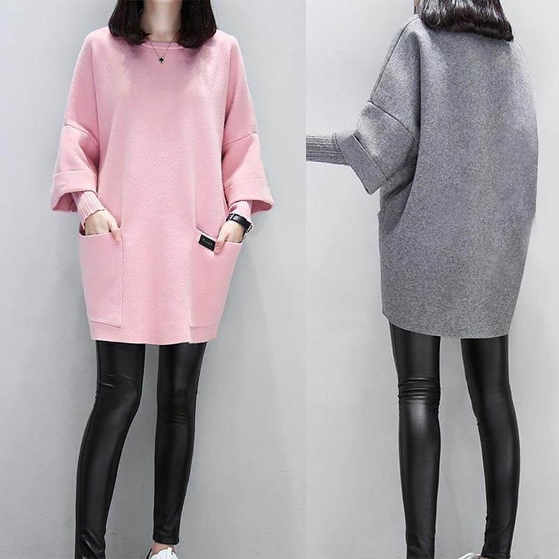 Neck Round Women Long Sleeve Solid Patchwork Hoodie Loose Sweatshirt Pocket