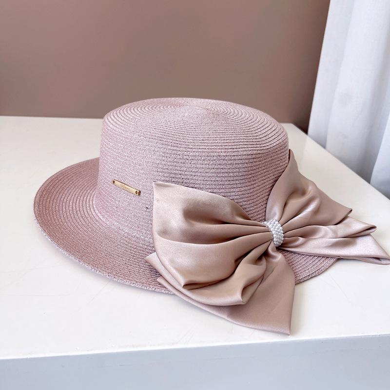 Ins Chic Summer Pearl Big Bowknot Grass Holiday Panama Lady Fedoras Cap Women Leisure Jazz Hat