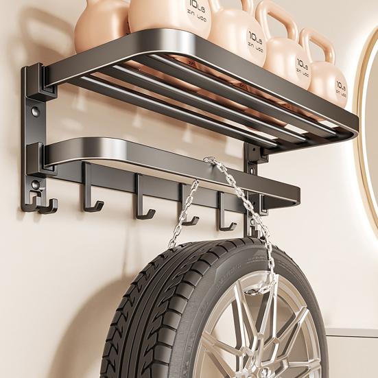 Towel Rack Foldable Wall Mounted Space Aluminum Towel Rail with Hooks Black Matte Finish Durable Rust-Resistant Bathroom Storage