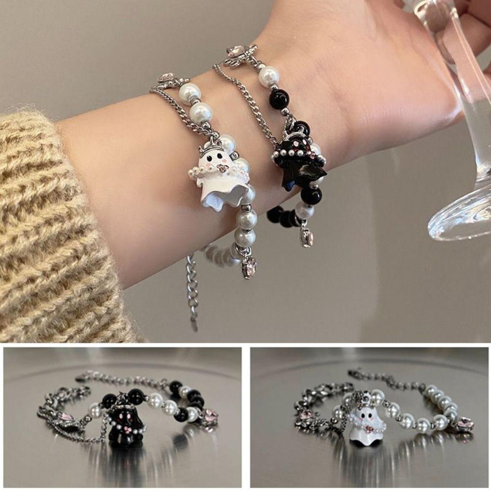 2PCS Pearl Beaded Halloween Couple Bracelets Cute Ghost Pendant Bracelet  Lovers