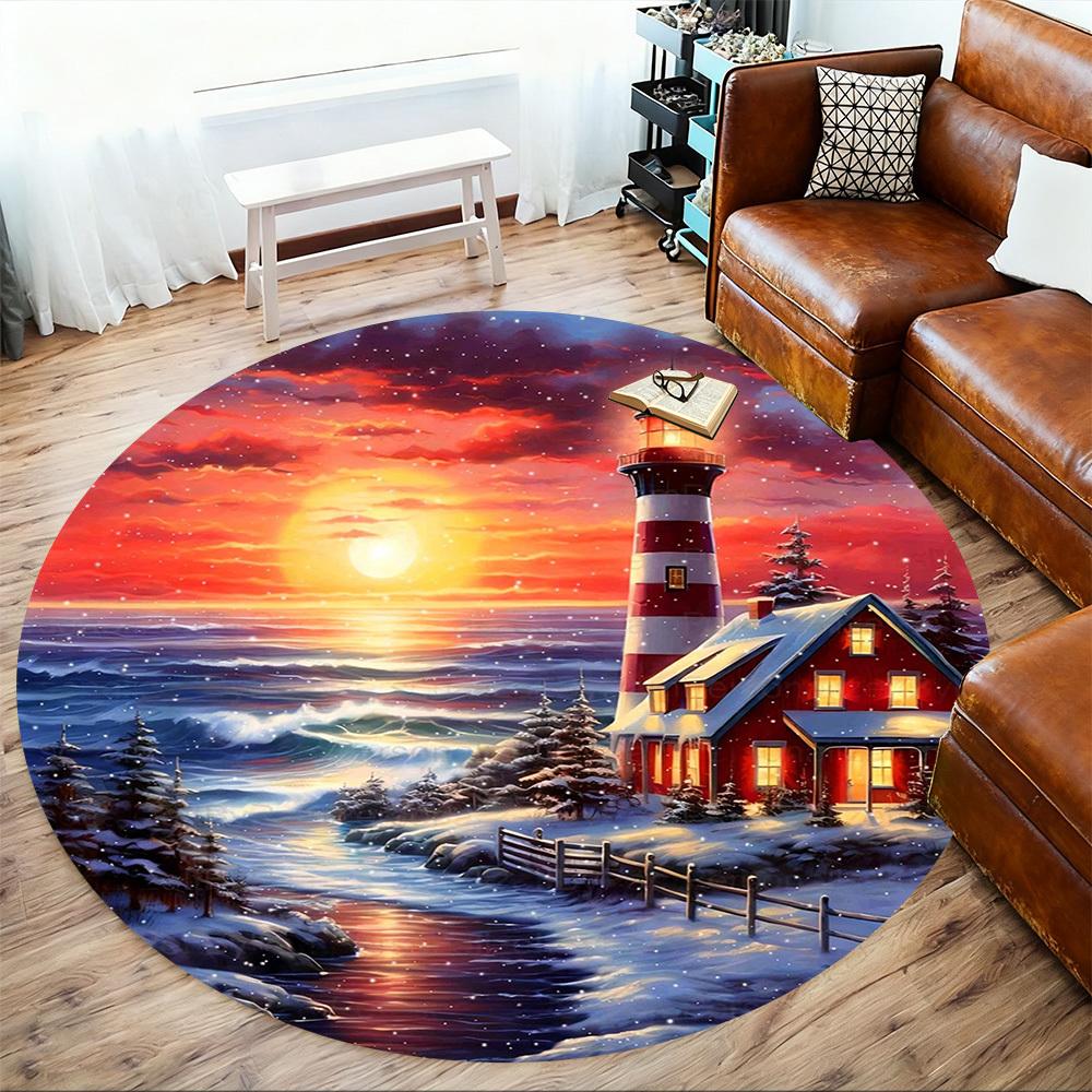1pc Lighthouse Winter Round Chair Mat Office Area Rug - Non-Slip, Floor Mat for Office, Bedroom, Ideal Home Decor Gift C0112074