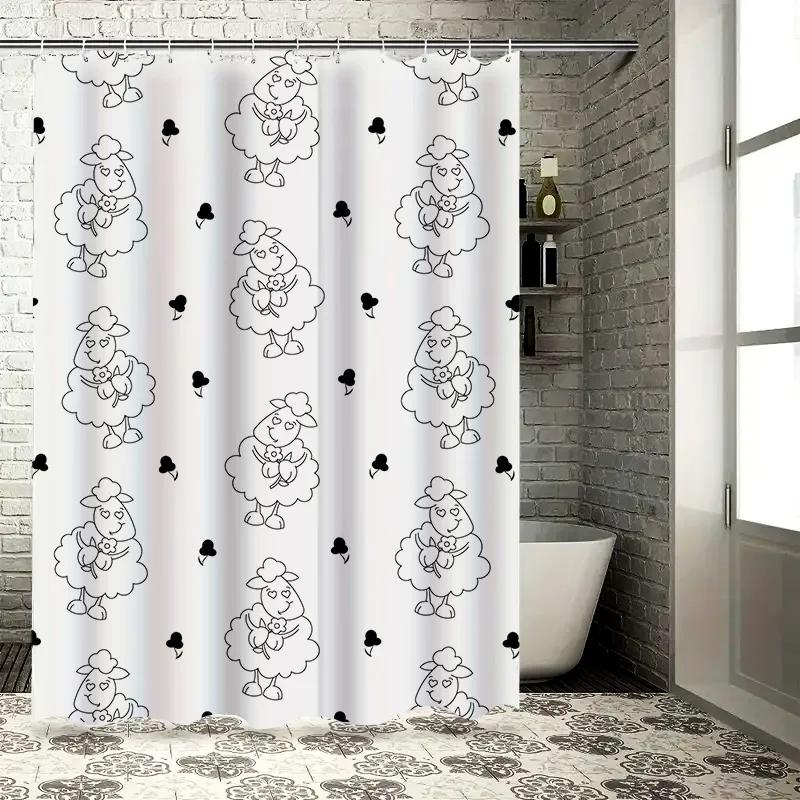 Black White Sheep Print Shower Curtain Waterproof Decorative Bath Room Decoration For Children'S Bathroom