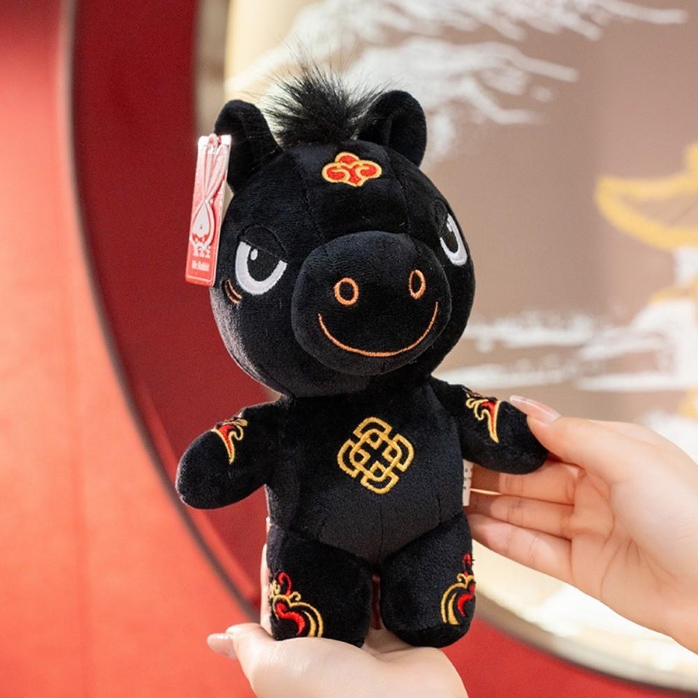 Stuffed Animal Black Horse Cute Kawaii Stuffed Horse Mascot Dolls Fluffy Zodiac Pony Figurine Chinese New Year
