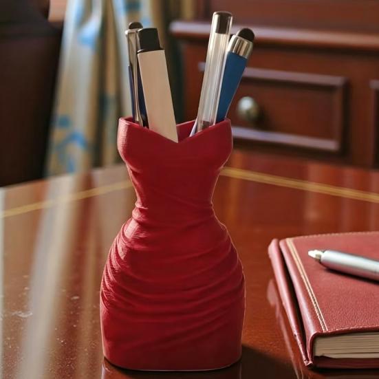 3D Printed Dress Desk Pen Holder, Makeup Brush Stand, Dress Shape Pencil Storage Organizer, Tabletop Novelty Pencil Rack for School & Office