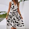 Women's Spring And Summer Casual V-Neck Sleeveless Waist Floral Print Midi Dress