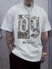 Vintage Graphic Print Short Sleeve T-shirt - Black Distressed Letter Design