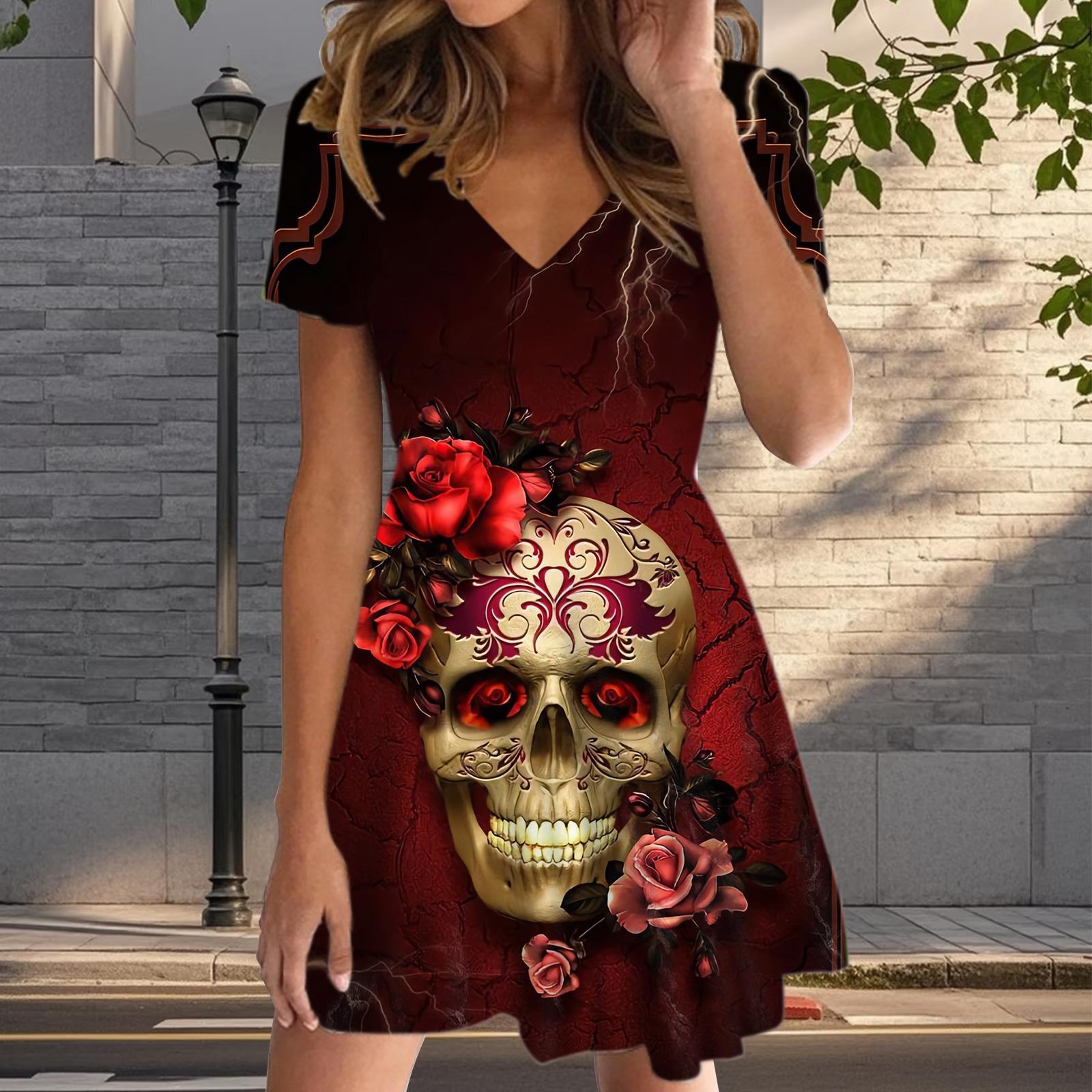

Летняя мода женские V-образный вырез короткий рукав скелет принтованное платье сексуальные короткие юбки платья XL красный