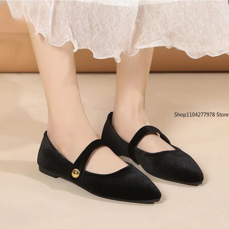 Fashion Elegant Velvet Ballet Flats Woman Luxury Velour Mary Jane Shoes Ladies Pointed Toe Buckle Strap Loafers In Purple Green