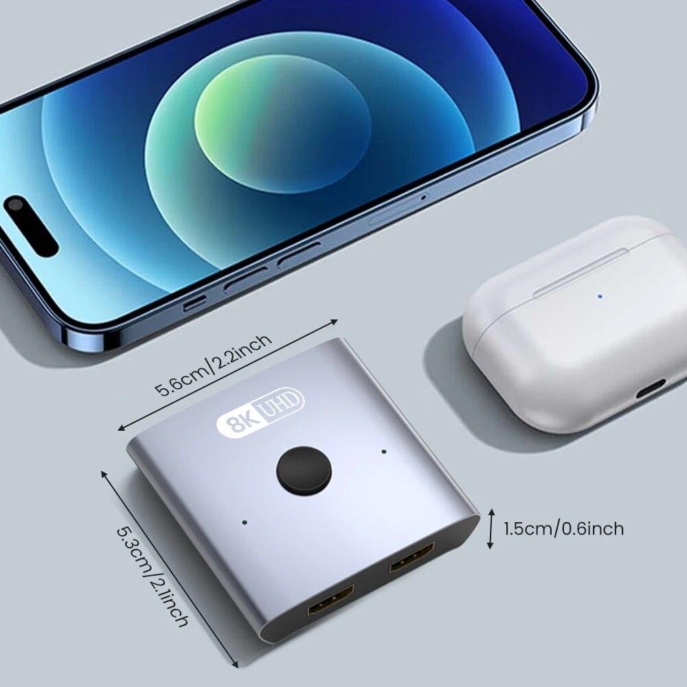 Commutateur/Répartiteur HDMI 2.1 Bidirectionnel 8K 2 entrées 1 sortie Ultra HD 4K@120Hz 8K@60Hz 48Gbps Hub HDMI en Aluminium pour PS5 Xbox