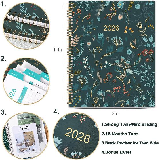 2026 Monthly Planner - 2026 Planner, Monthly Calendar 2026, Jan. 2026 - Dec. 2026, 9" x 11", 12 Month with Tabs & Pocket, Flexible Cover, Twin-Wire