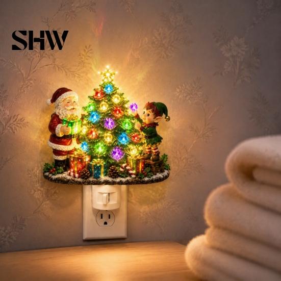 Indoor Holiday Lighting Christmas Santa Elf Decorative Plug-in Night Light, Resin Tree Wall Festive Room Decoration Nightlight, Vintage Xmas Ornament