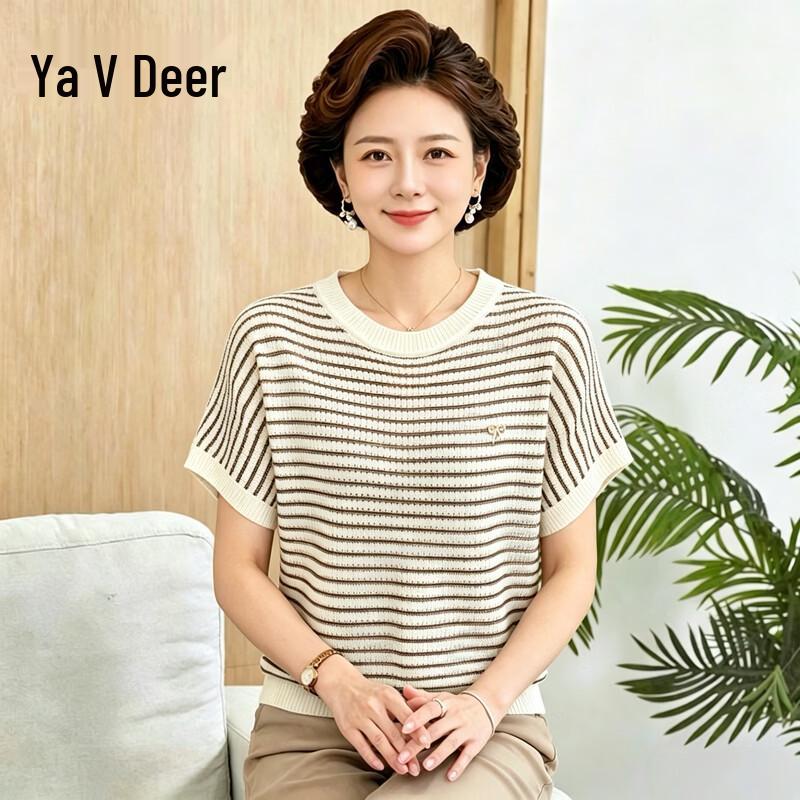 Yalu Women s Striped Ice Silk Knit Short-Sleeve Top One Size