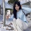 Long sleeved knitted cardigan for women's autumn and winter versatile short style westernized light blue sweater top