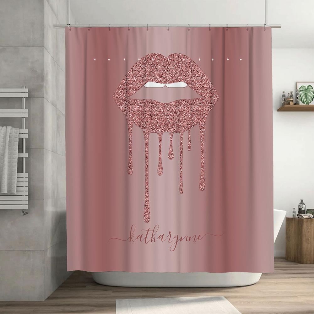 Luxury Glitter Lip Print Shower Curtain Set For Bathroom Decor Pink Rose Gold Metal Hook With Custom Name Monogram Gift