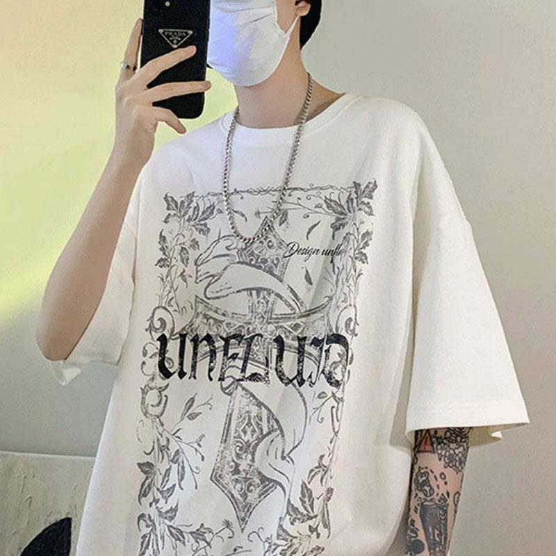 Vintage Printed American Pullovers Men's Clothing Basic Round Neck Summer Letter Youthful Vitality Short Sleeve Loose T-shirts