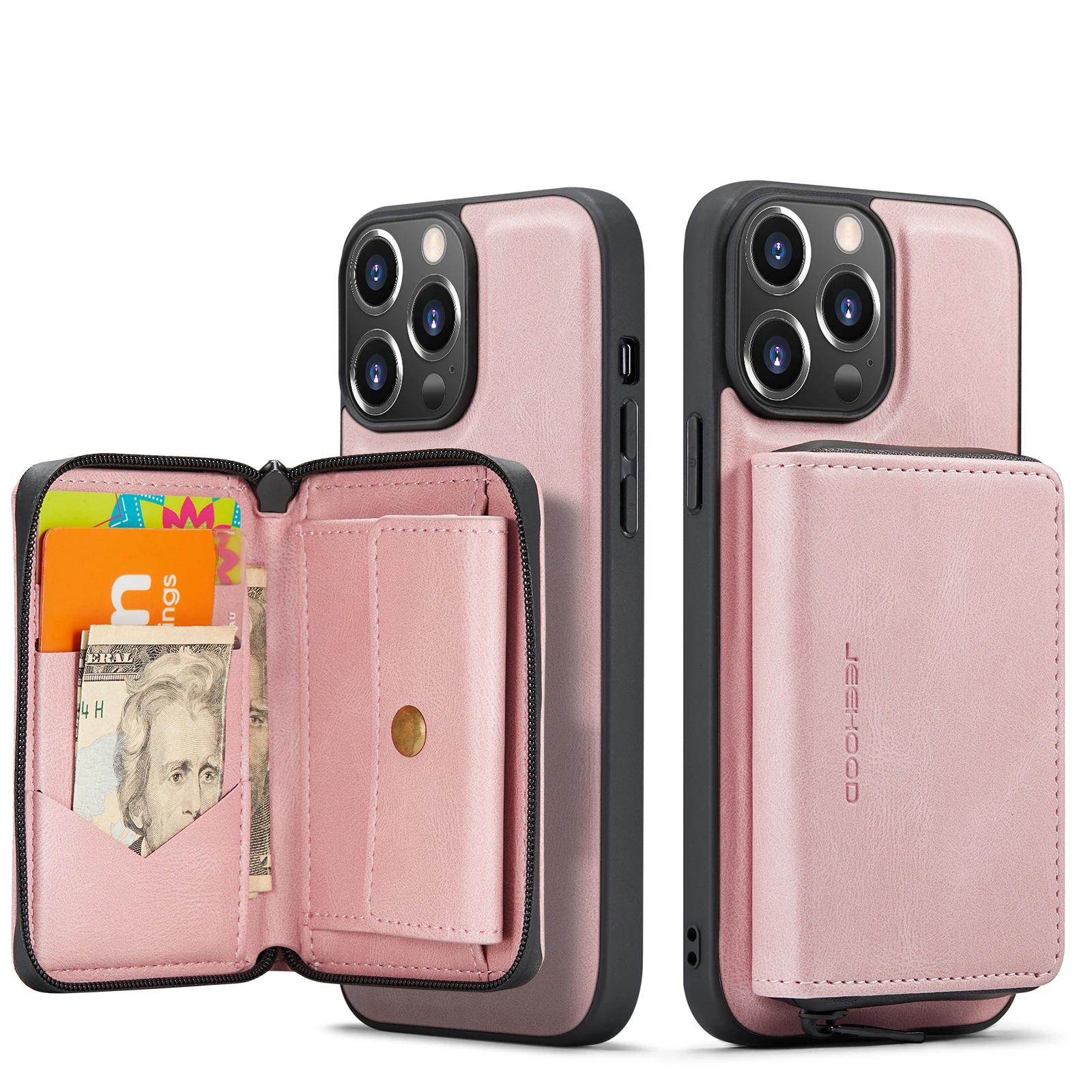 

Retro Detachable Leather Case for IPhone 16 Pro Max 15 14 Plus 13 12 11 SE 2022 XS XR Wallet Cards Slot Zipper Purse Back Cover For iPhone 12 mini рожевий