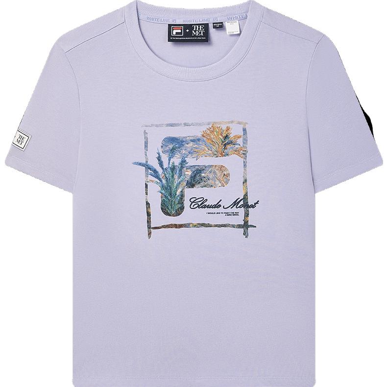 

FILA 2023 Winter New Knit Short Sleeve Shirt Comfortable Casual Monet Print Round Neck T-Shirt Women Tops Light-Lavender F11W348101F-VT L