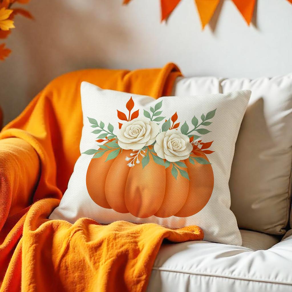 Thanksgiving Pillowcase Harvest Season Pumpkin Maple Leaf Print Linen Cushion Bedroom Sofa Car Cushion Cover
