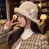 Ladies retro woolen woolen basin hat, bow hairball decorative curling top hat, autumn and winter warm bucket hat