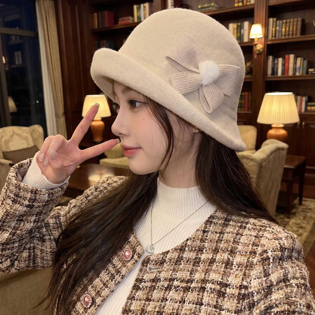 Ladies retro woolen woolen basin hat, bow hairball decorative curling top hat, autumn and winter warm bucket hat