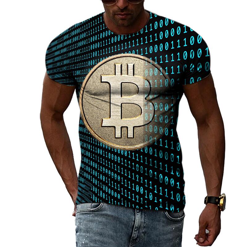 Summer Fashion Abstract Bitcoin 3D Print Tee Hip Hop Harajuku Personality Round Neck Short Sleeve Casual Men's T-shirts