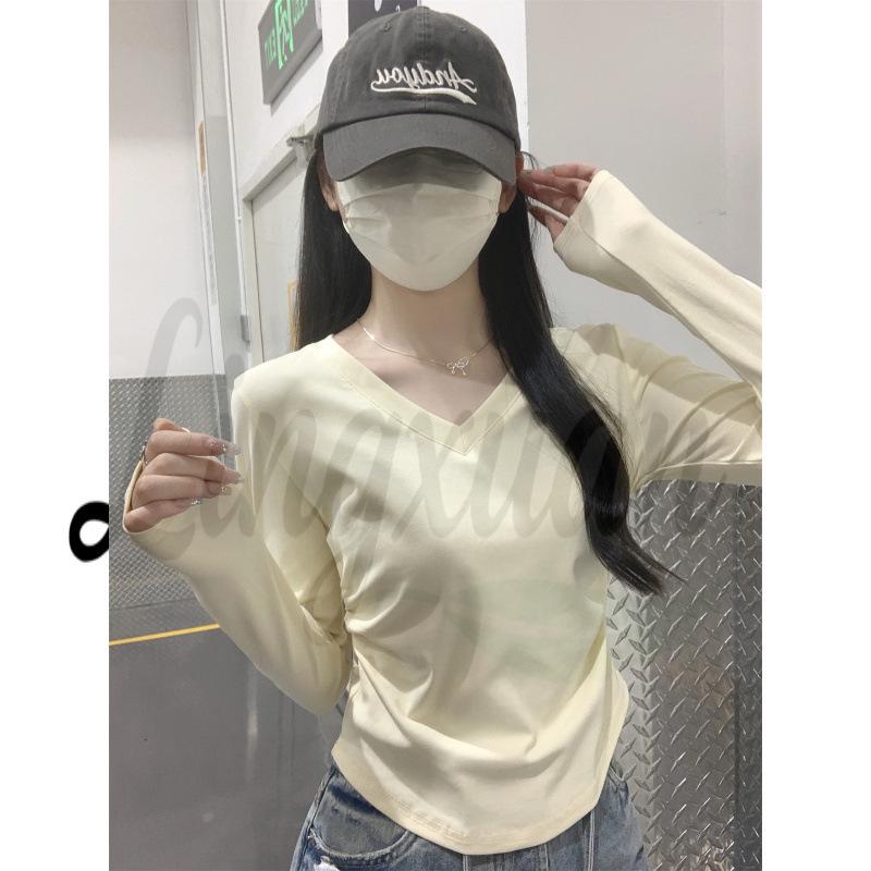 

Autumn/Winter Korean Style Slim V-neck Pleated Solid Long-sleeve T-shirt L