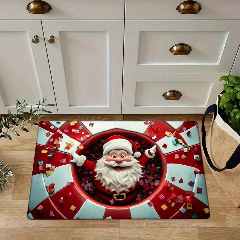 1pc Festive Santa Claus Christmas Mat - Thickened Non-Slip Machine Washable Rectangular Floor Mat with Red