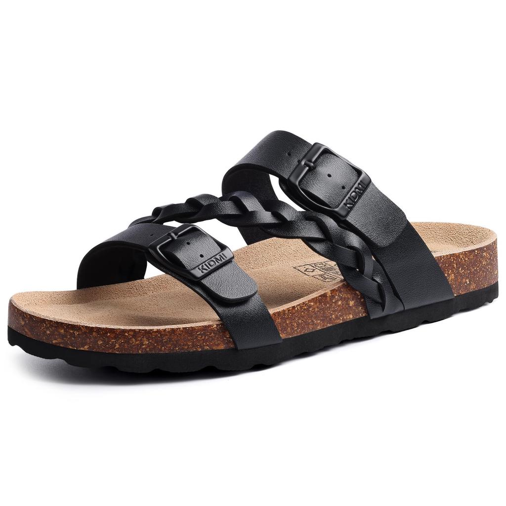 Fashion Comwarm Women's Cork Footbed Sandals With Arch Support Summer Women Cork Slippers Slip-On Slide Sandals With Adjustable Buckle