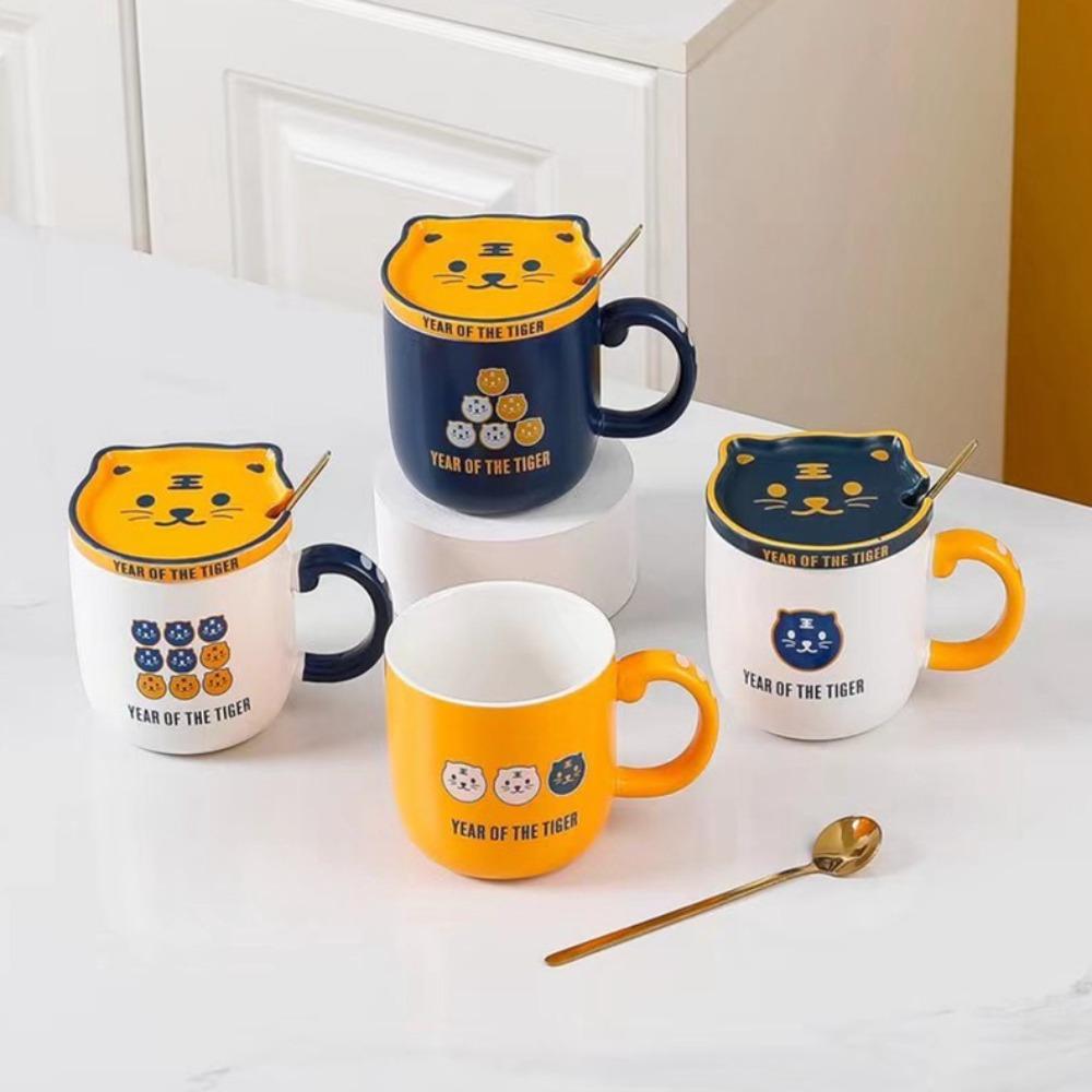 Cute Little Tiger Mug with Lid Spoon Cartoon Ceramic Mug Creative Large Capacity Couple Coffee Water Mug Gift Box
