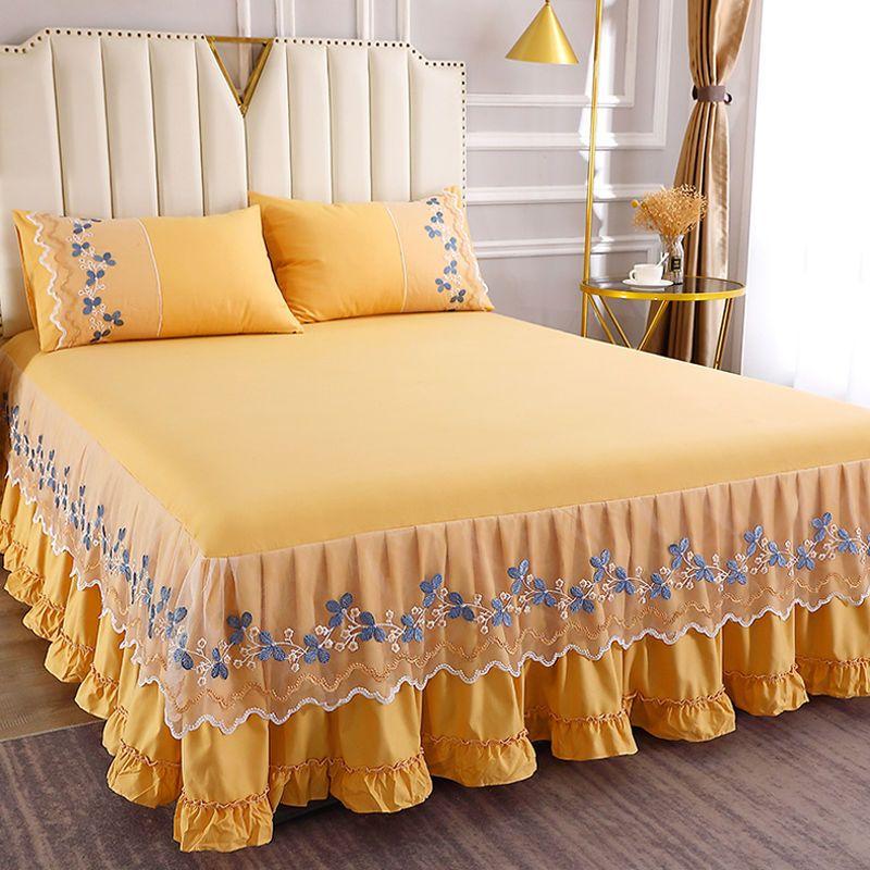 Solid Lace Embroidered Bedspread Mattress Protective Cover Polyester Bed Skirt Anti Slip and Dustproof Flounce Edge Bedsheet