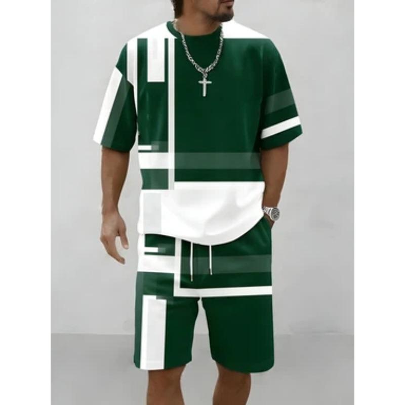 Men's blue and white geometric block patchwork short-sleeved T-shirt suit