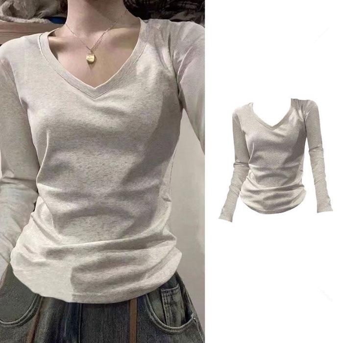 Women's Slim Fit V-Neck Long-Sleeve Tee - Solid Color, Spring/Autumn 2025 Trendy Inner Layer