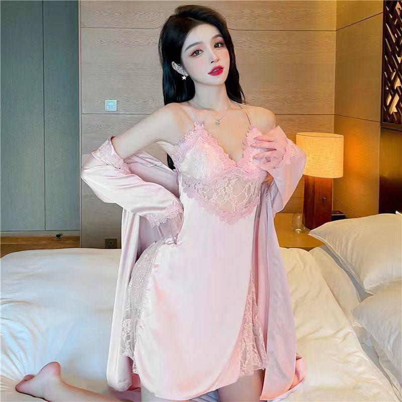 Sexy Suspender Nightgown New Female Xia Chunyi Wind Ice Silk Backless Hollowed-out Erotic Underwear Pajamas Two-piece Set