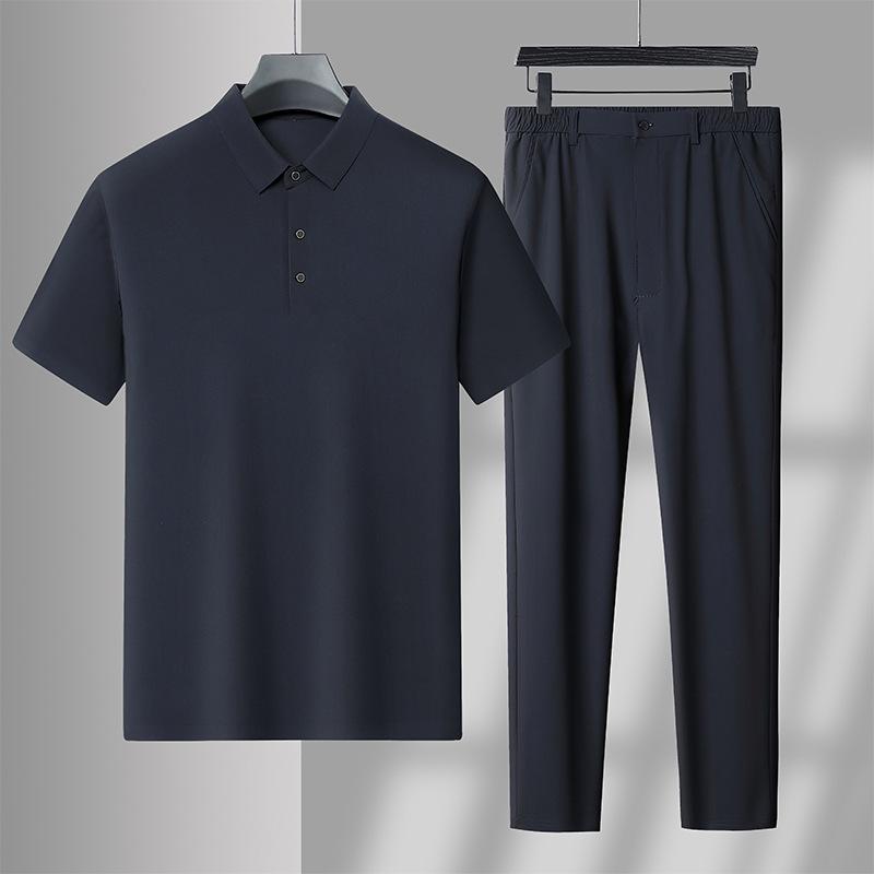Men's Ice Silk Seamless Short-Sleeve Sports Suit - Summer Thin Two-Piece Set for Middle-Aged Dads (2025)