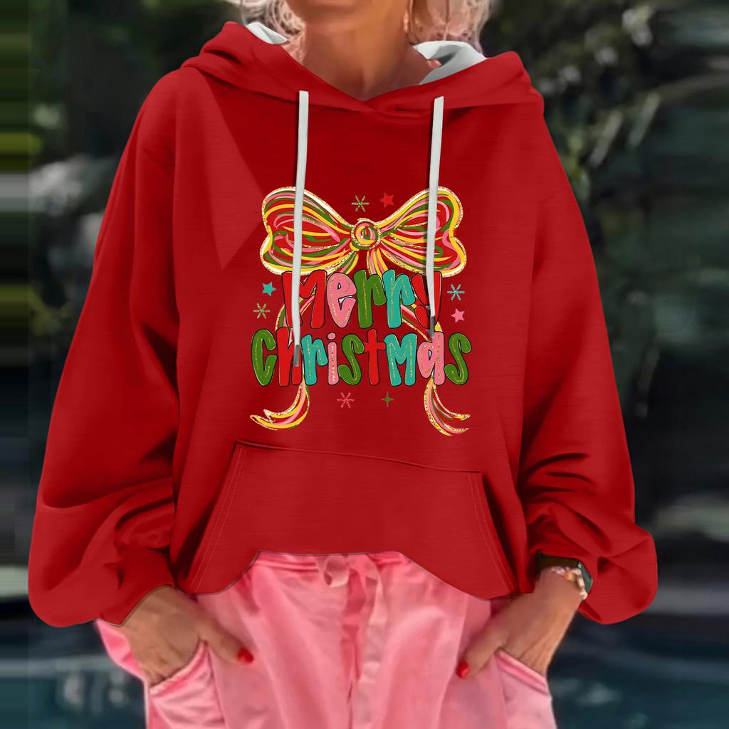 Women's Christmas Print Loose Casual Long Sleeve Hooded Sweatshirt