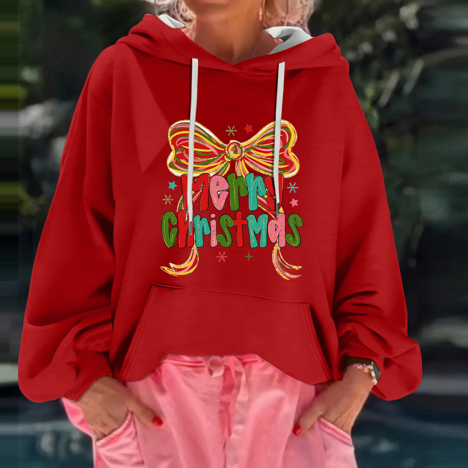 

Жіночий різдвяний світшот з капюшоном вільного крою з довгими рукавами L червоний