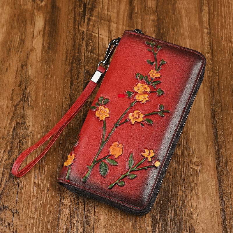 Head Layer Cowhide Long Women's Wallet Retro Embossed Handbag with High-end Feel