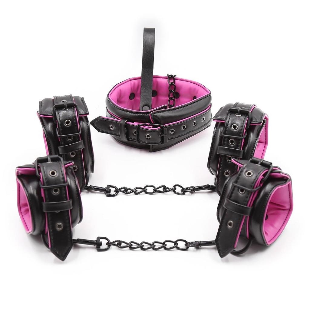 Soft PU Leather Handcuffs and Collar Set with Leash