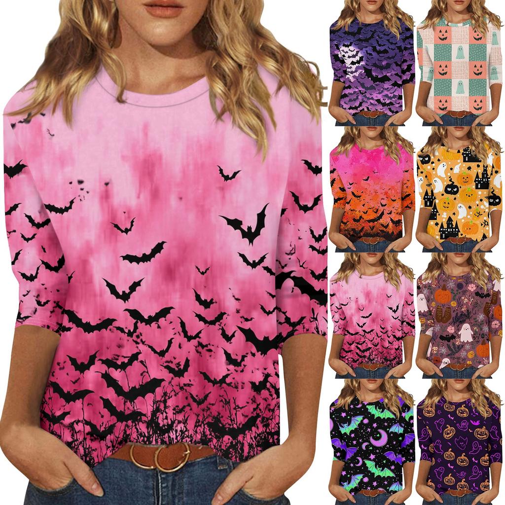 Women's Fashion Casual Three-quarter Sleeve Halloween Printed Round Neck Top