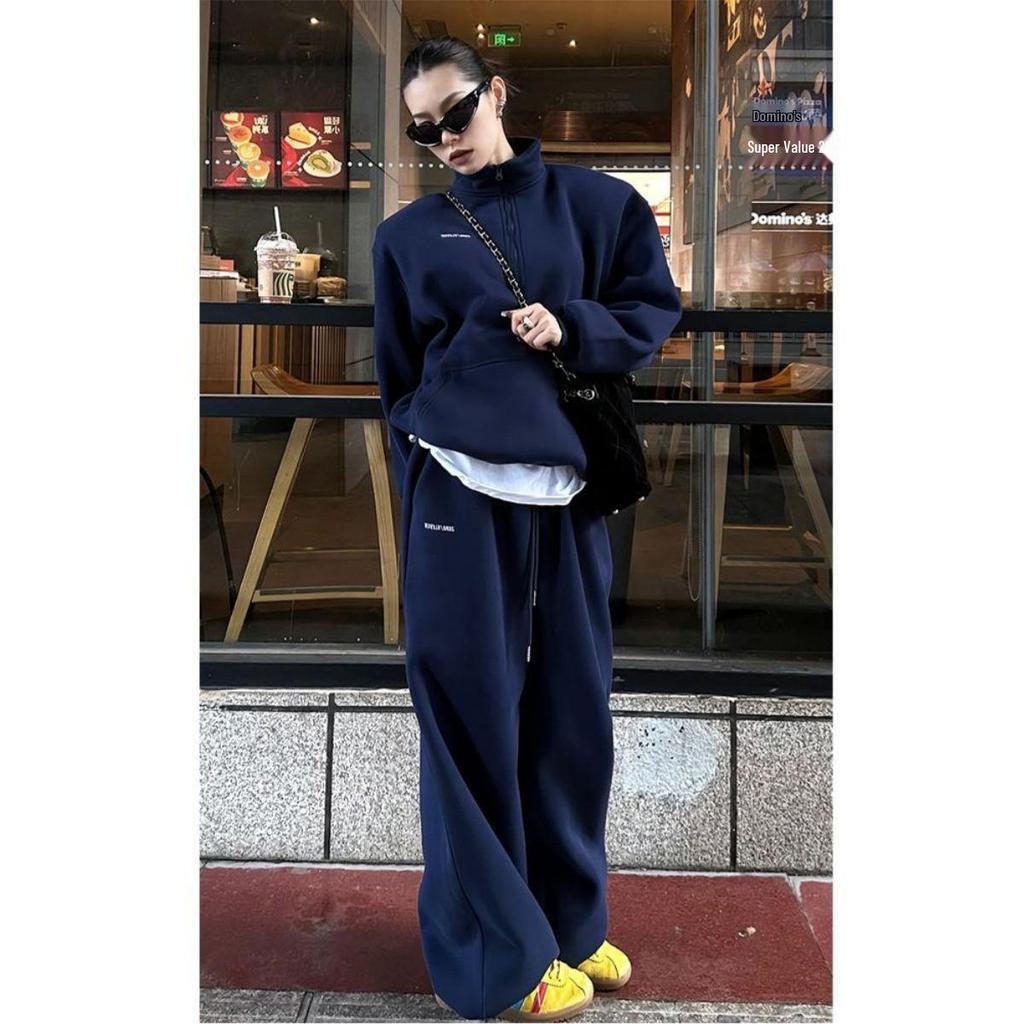 European Style Women's Thickened Stand-up Collar Sweatshirt Set - Fashionable Autumn/Winter Pure Cotton Casual Sportswear Two-Piece