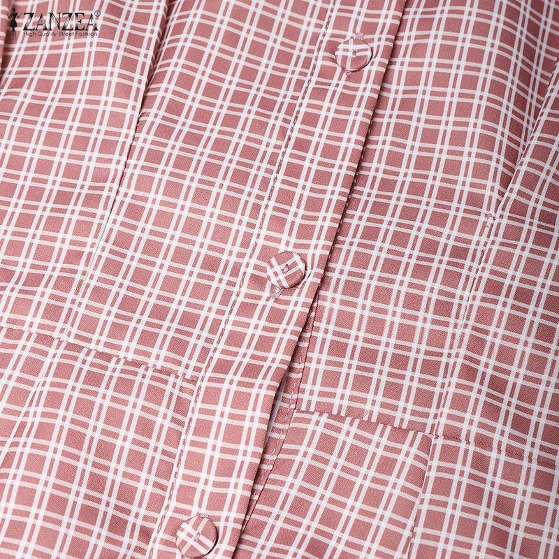 ZANZEA Damen Lässiges Kleid mit Umlegekragen, Karomuster, locker, kurzärmelig