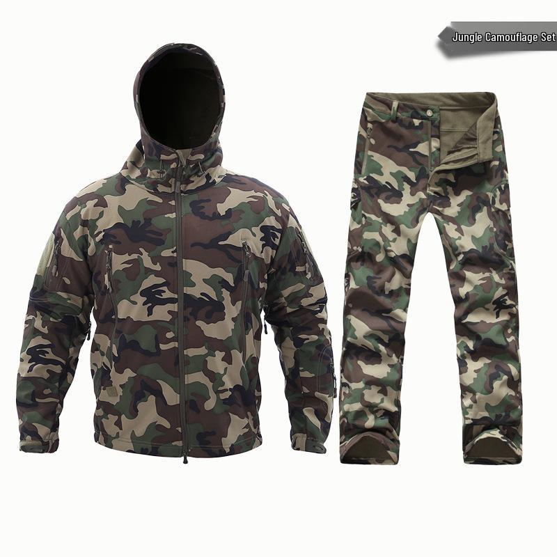 Alpha Green Tactical Sharkskin Waterproof Ski Suit: Camouflage Soft Shell Pants & Warm Fleece Set