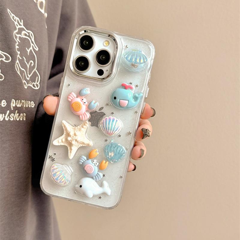 Roztomilý 3D mušle hvězdice lastura třpytivý kryt na telefon pro iPhone 16 Pro Max 15 13 12 11 14 Plus TPU zadní kryt