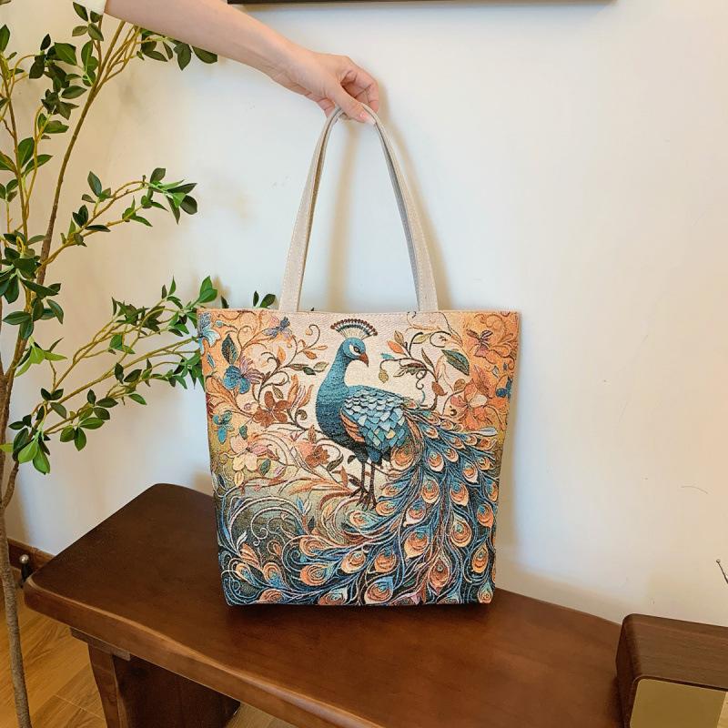 Vintage Embroidery Women's Bags Large Capacity Ethnic Style Commuter Shoulder Bag Ladies Cotton Linen Tote Shopping Bag