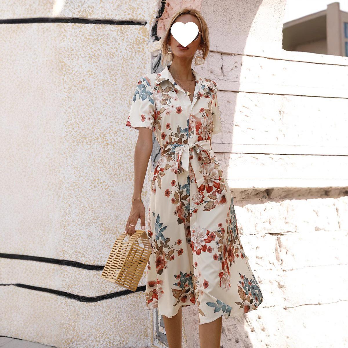 Waist-Cinching Printed Short Sleeve Dress Double Extra Large бежевый