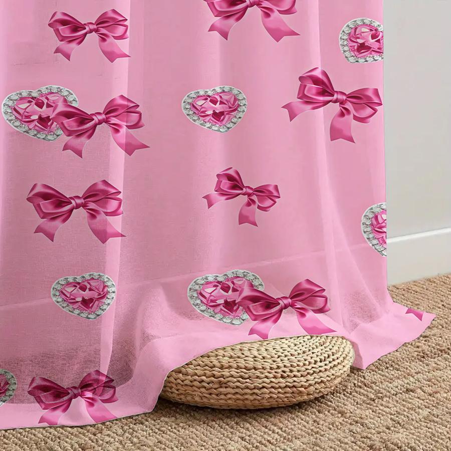 1PC Valentine's Pink Bow & Diamond Heart Curtains Romantic Sheer Drape Light Filtering Window Curtain for Bedroom