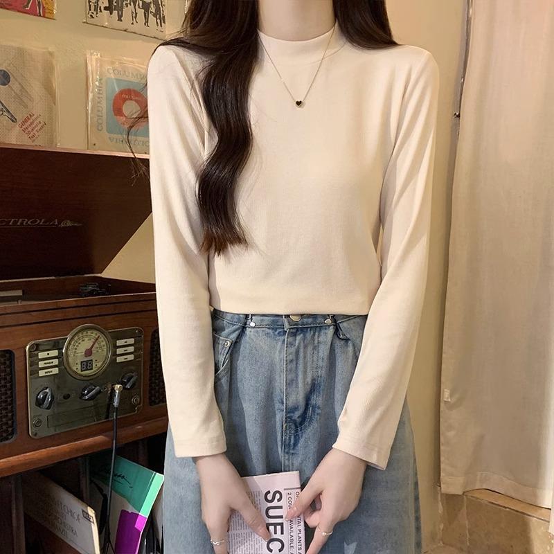 

Белая простая универсальная футболка с длинными рукавами для женщин на осень и зиму, небольшой воротник-стойка, утягивающий однотонный топ в стиле вестерн XL