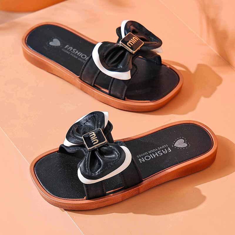 Letní dětské protiskluzové ploché sandály s mašlí – Roztomilé plážové pantofle pro dívky