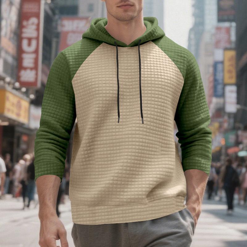 Autumn and Winter Hooded Men's Sweatshirt Jacquard Small Checkered Color Block Casual Raglan Sleeves Loose Top Men